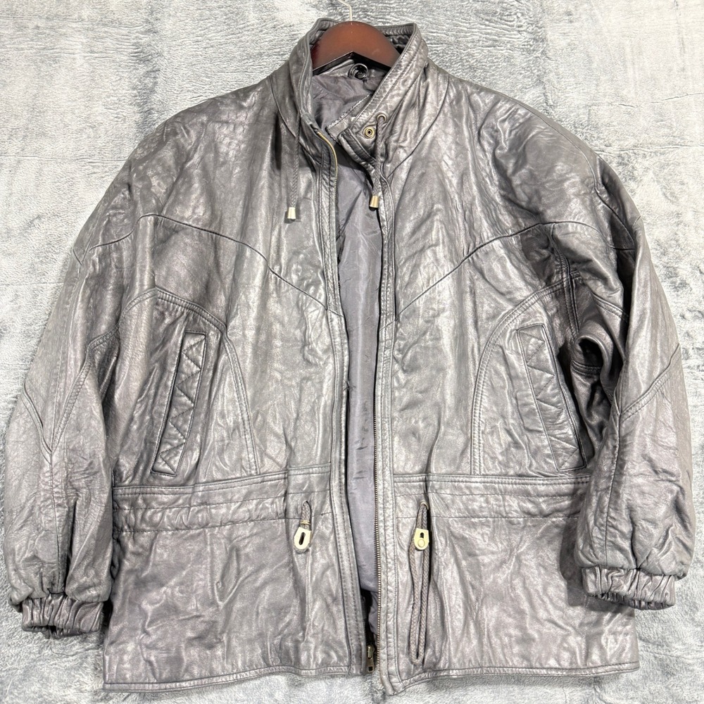 BP Nordstrom‎ Leather Jacket Women L Black Vintage Oversized Zip Drawstring